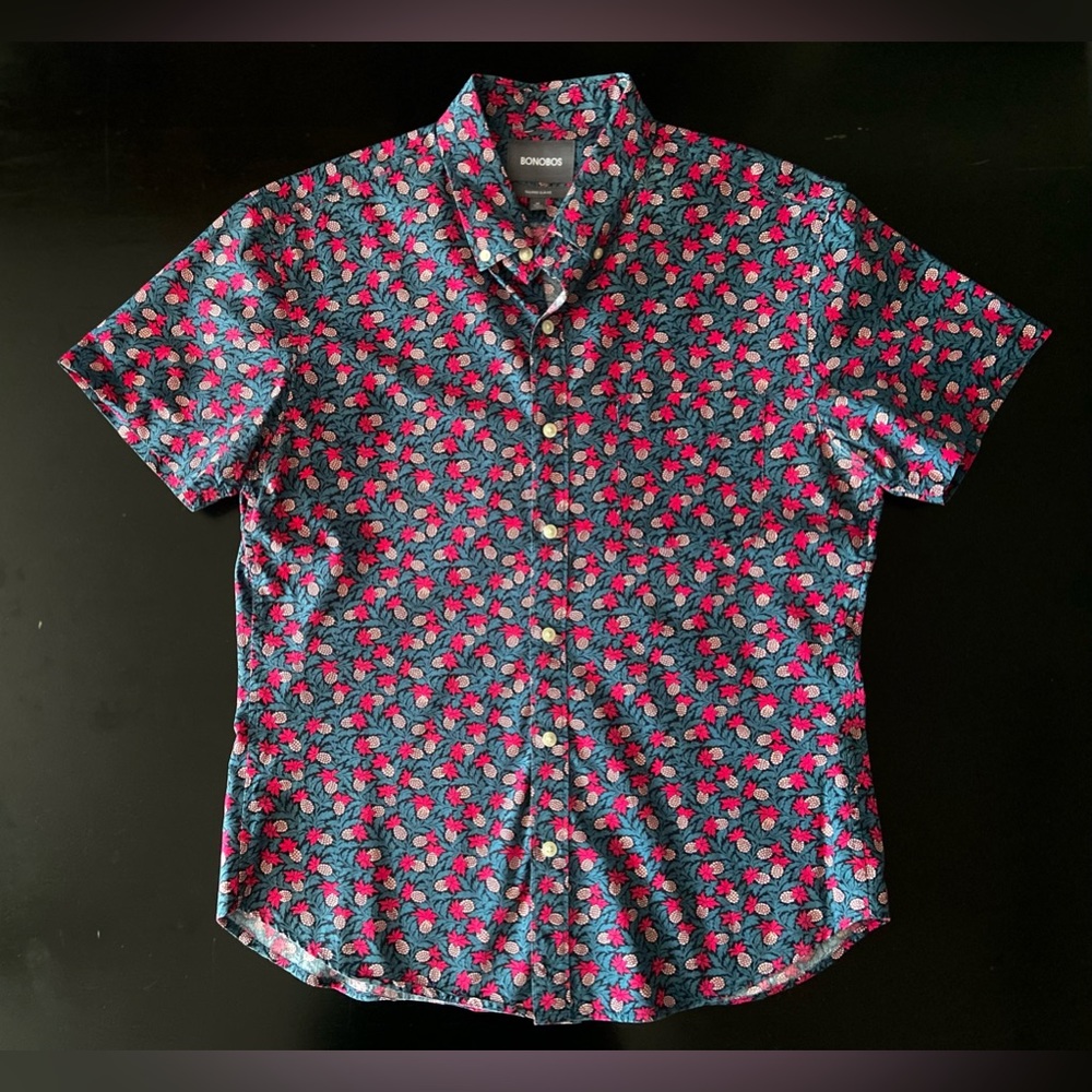 BONOBOS Tailored Slim Fit Tropical Pink Pineapple Cotton Shirt sz Medium Short
